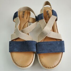 Born Strappy Wedge Sandals Women 11 Blue Leather Cream Canvas Boho Comfort Shoe